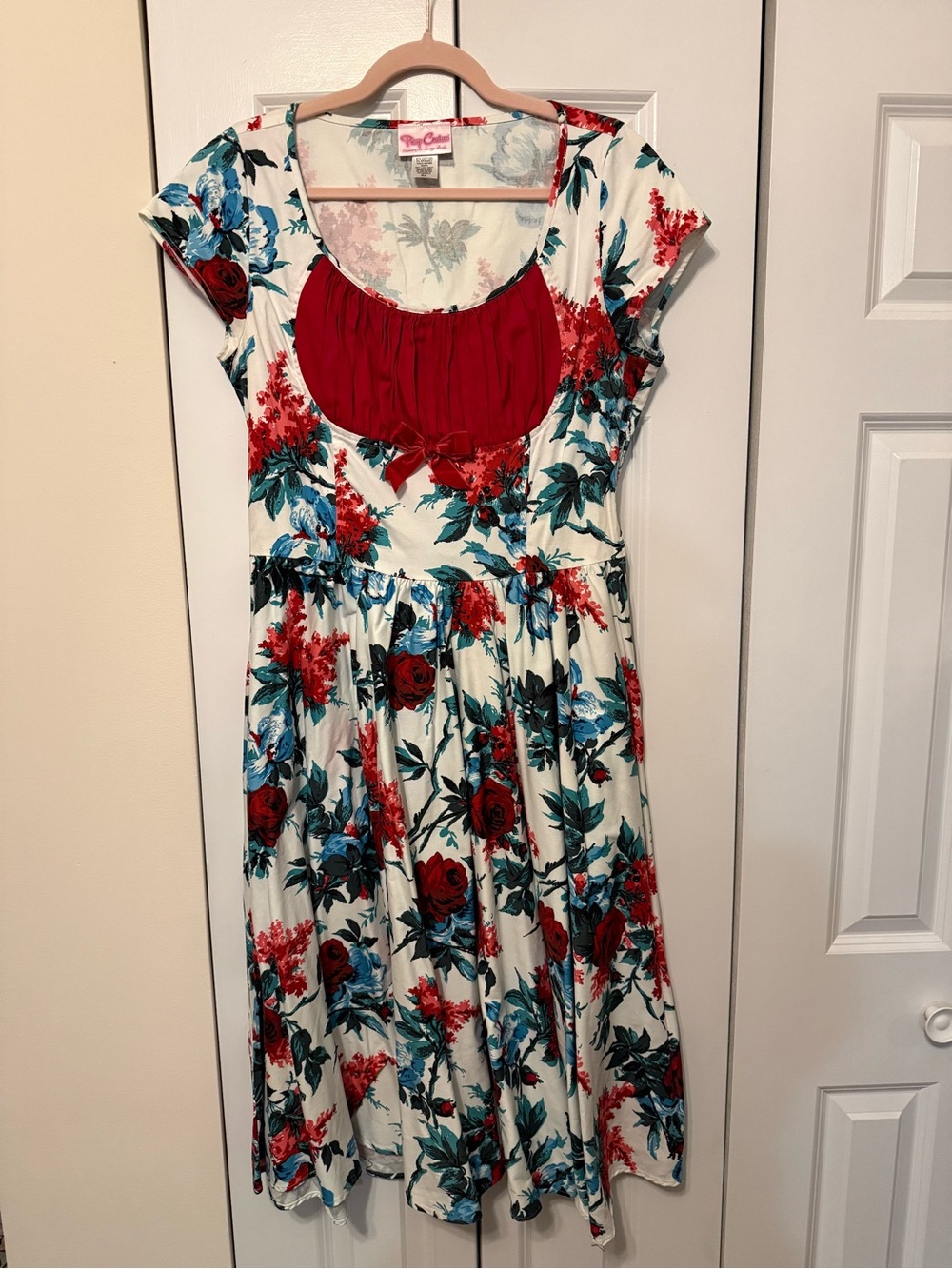 Pinup Couture White Floral Dress with Red and Teal Accents